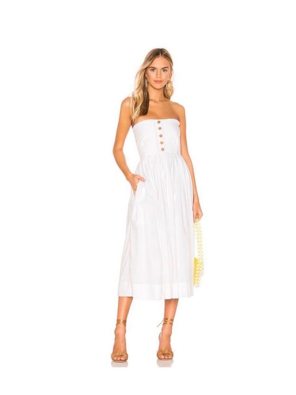Free People Strapless White Cotton Midi Dress with Brown Wood-Like Button Detail